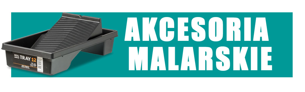 Zielony znak z czarna plastikowa taca na niebieskim tle z napisem AKCESORIA MALARSKIE