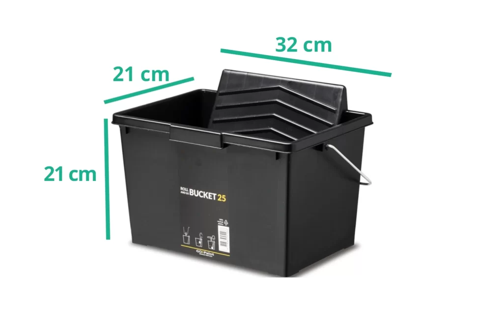Wiaderko bucket 25 przedstawiające wymiary, 32 cm długości, 21 cm szerokości, 21 cm głębokości.
